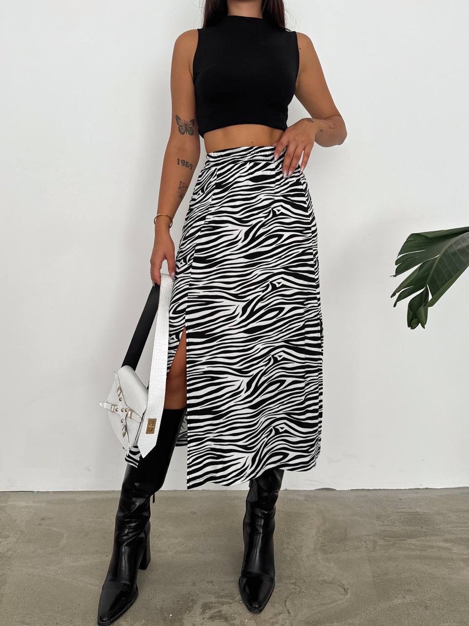 Yırtmaçlı Zebra Desenli Midi Etek