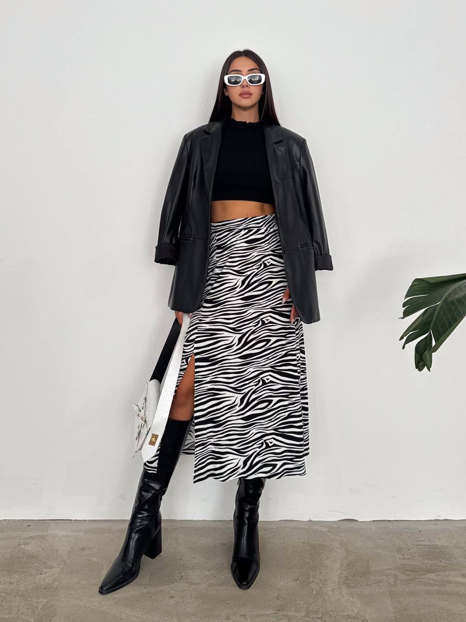 Yırtmaçlı Zebra Desenli Midi Etek