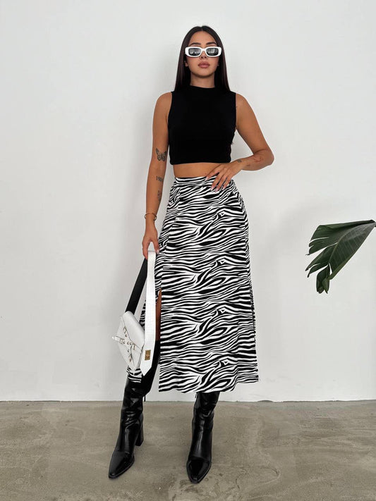 Yırtmaçlı Zebra Desenli Midi Etek